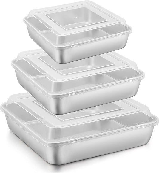 Vesteel 6-Piece Cake Pan with Lid (3 Pans + 3 Lids), Stainless Steel Square Baking Brownie Pans Bakeware Set