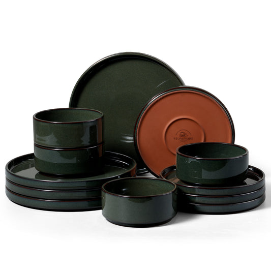 Vesteel 12-Piece Dinnerware Set, Ceramic Tableware Reactive Glaze Plates and Bowls Sets, Healthy Yixing Purple Clay Dishes Set, Dishwasher & Microwave Safe - Blackish Green