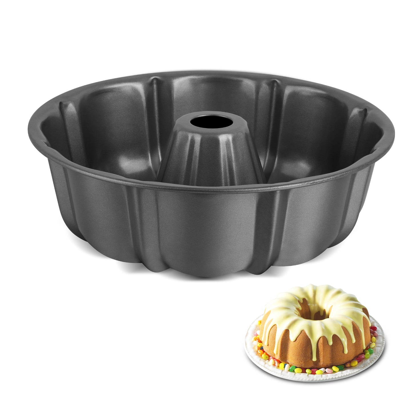 Vesteel 10” Bundt Cake Pan, Non-Stick Pan for Baking Brownie Flan Meatloaf, Carbon Steel Bakeware with Tube for Birthday Wedding Events, Heavy Duty & Durable - Grey