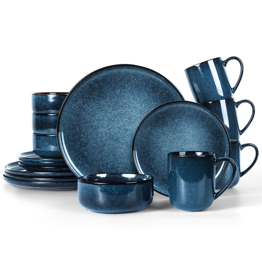 Vesteel 16-Piece Plates and Bowls Sets, Stoneware Dinnerware Sets for 4, Handmade Reactive Glaze Coupe Dishes Set, Chip & Scratch Resistant - Ocean Blue