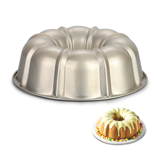Vesteel 10" Bundt Cake Pan, Non-Stick Pan for Baking Brownie Flan Meatloaf, Carbon Steel Bakeware with Tube for Birthday Wedding Christmas Events, Heavy Duty & Durable - Gold