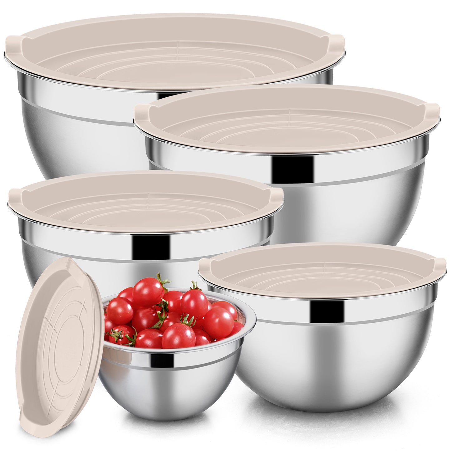 Mixing Bowls with Lids Set of 5, Vesteel Stainless Steel Mixing Bowls Metal Nesting Salad Bowls, Size 4.5, 3, 1.5, 1, 0.7 QT Great for Cooking, Baking, Serving - Khaki