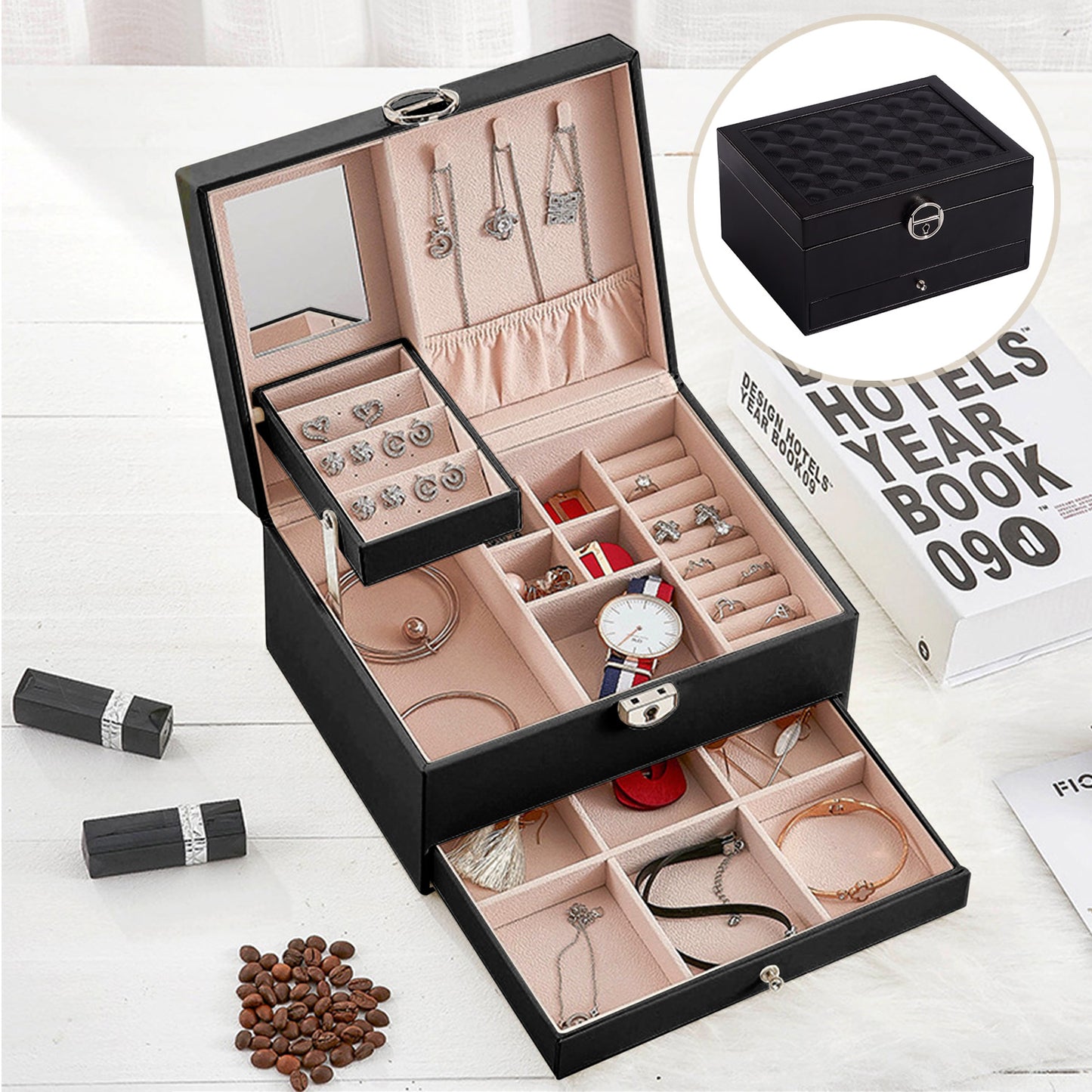 Vesteel Jewelry Box, 2-Layer Leather Jewelry Storage Organizer with Lock Drawer Built-in Mirror, Jewelry Case for Rings Necklaces Earrings Watches - Black