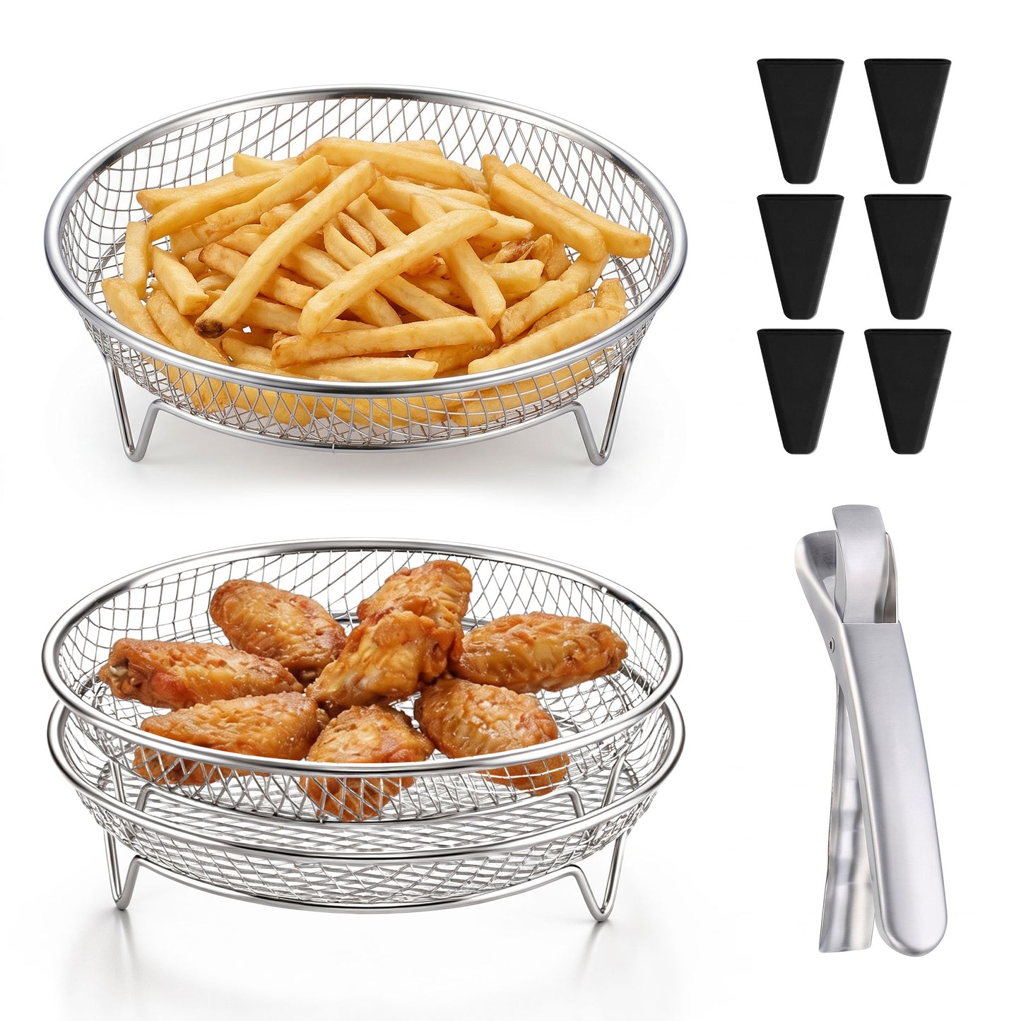 Vesteel Air Fryer Racks, 3 Tier Stainless Steel Air Fryer Basket Accessories, 7.9’’ Round Dehydrator Rack for Oven Baking Frying Roasting, Includes Silicon Feet & Anti-Scald Clamp, Dishwasher Safe