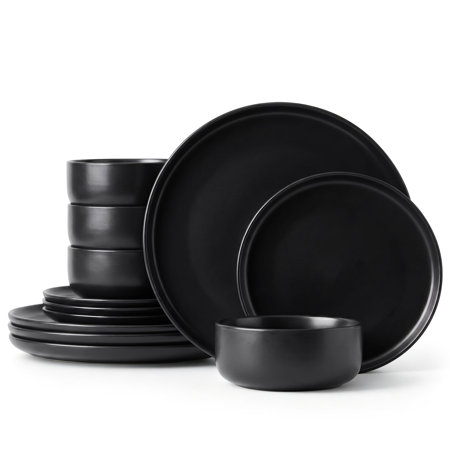 Onader 12 Piece Dinnerware Sets, Plates and Bowls Set for 4, Premium Stoneware Dishes Sets for Home Restaurant, Dishwasher & Microwave Safe - Matte Black