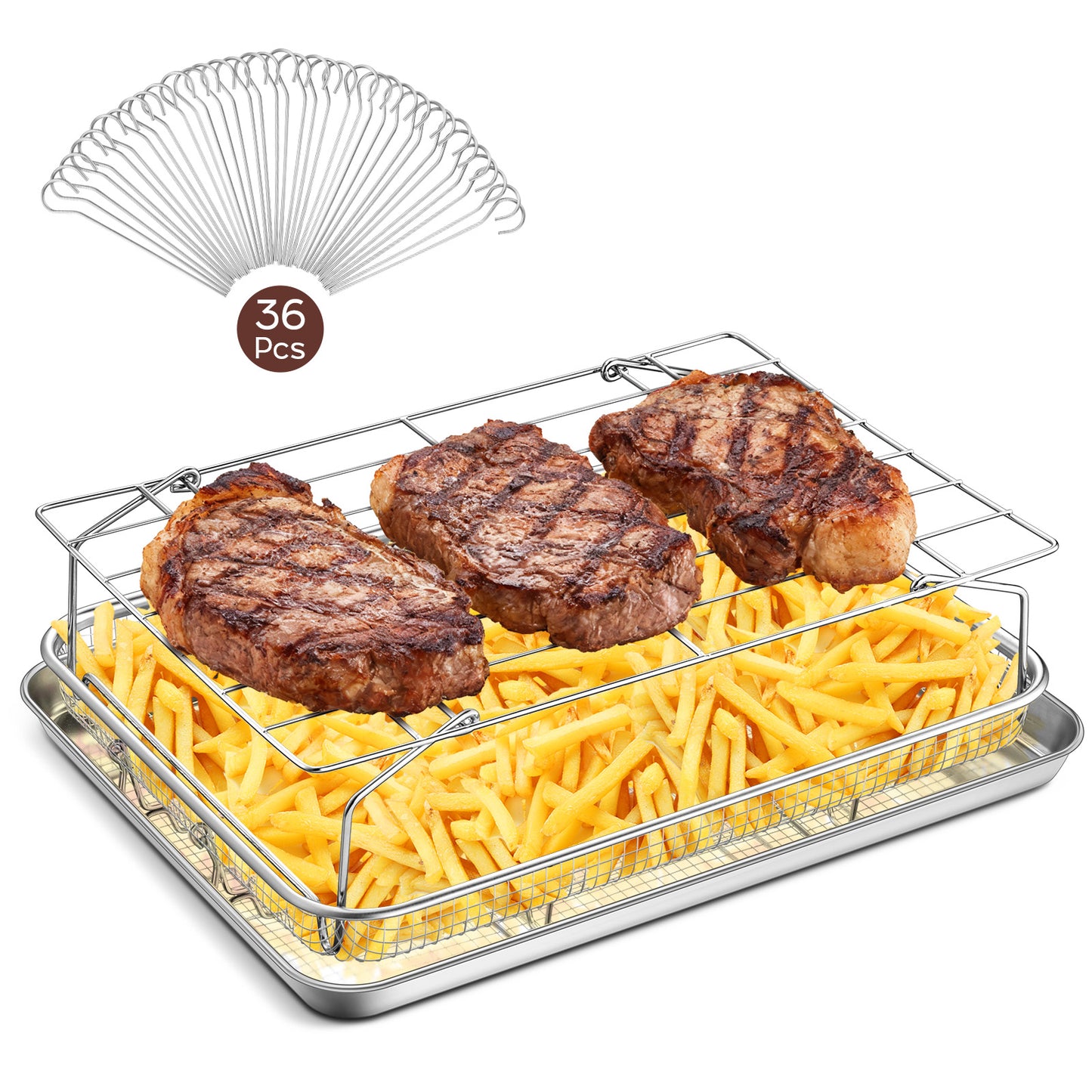 Vesteel 16 inch Air Fryer Pan with Basket Set of 4, Stainless Steel Air Fryer Grill Skewer Rack and 36Pcs Meat Skewers for Baking, Roasting, and Healthy Cooking, Dishwasher Safe