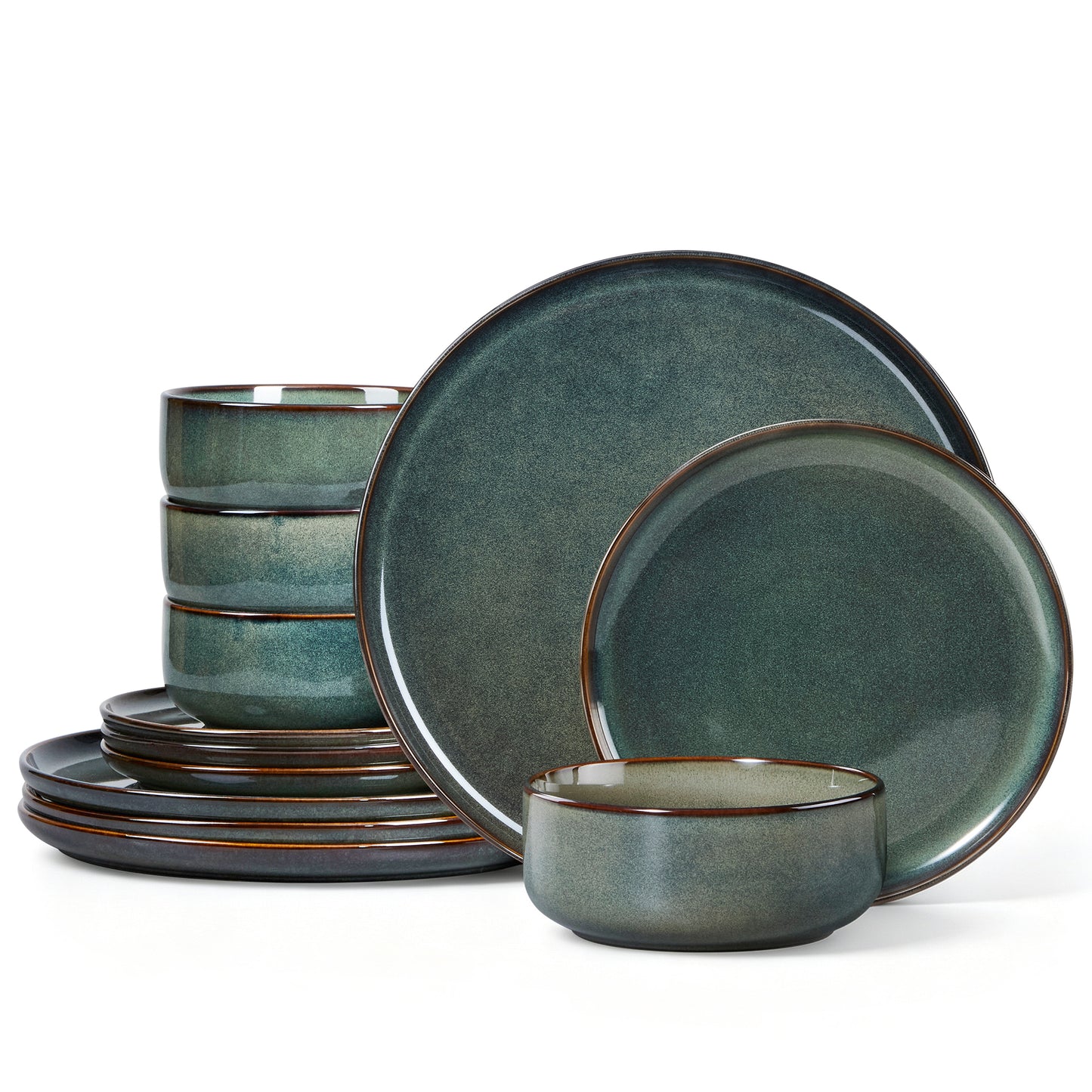 Onader 12 Piece Dinnerware Sets, Plates and Bowls Set for 4, Handmade Stoneware Dishes Sets for Home Restaurant, Dishwasher & Microwave Safe - Blackish Green
