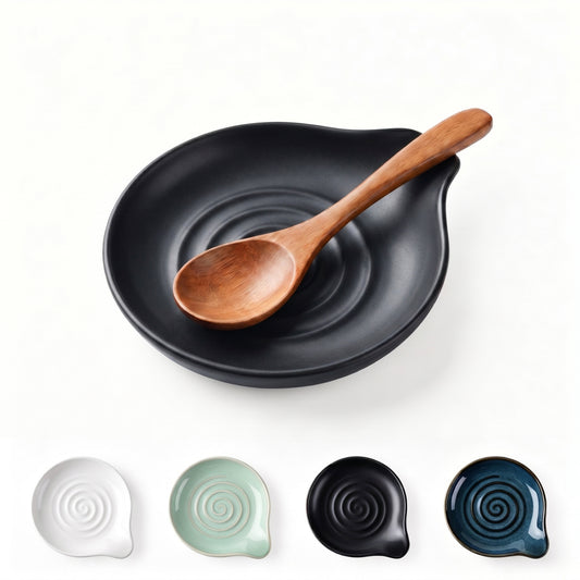 Vesteel Ceramic Spoon Rest, 5.1 inch Kitchen Teardrop Spoon Holder for Countertop, Utensil Rest for Spatula Ladle Tongs, Stove Top Spoon Tray, Heat-Resistant & Dishwasher Safe, Matte Black