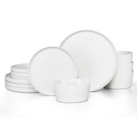 Vesteel Dinnerware Sets for 4, 12Pcs Stoneware Plates and Bowls Sets, Elegant Tableware set for Home Restaurant, Chip & Scratch Resistant Dishes Set , Speckle White