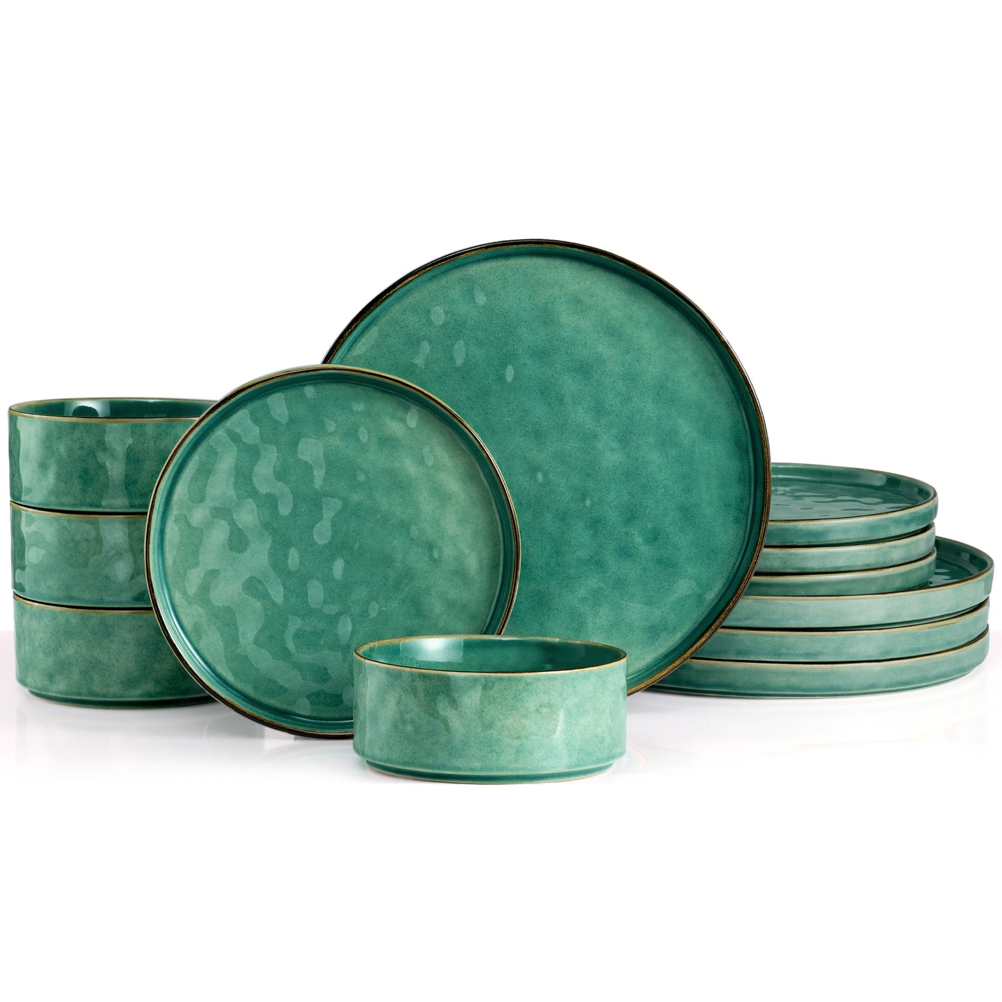 Vesteel Dinnerware Sets, 12-Piece Stoneware Plates and Bowls Set, Dishes Set for 4, Elegant Ceramic Dinnerware for Home Restaurant - Jade Green