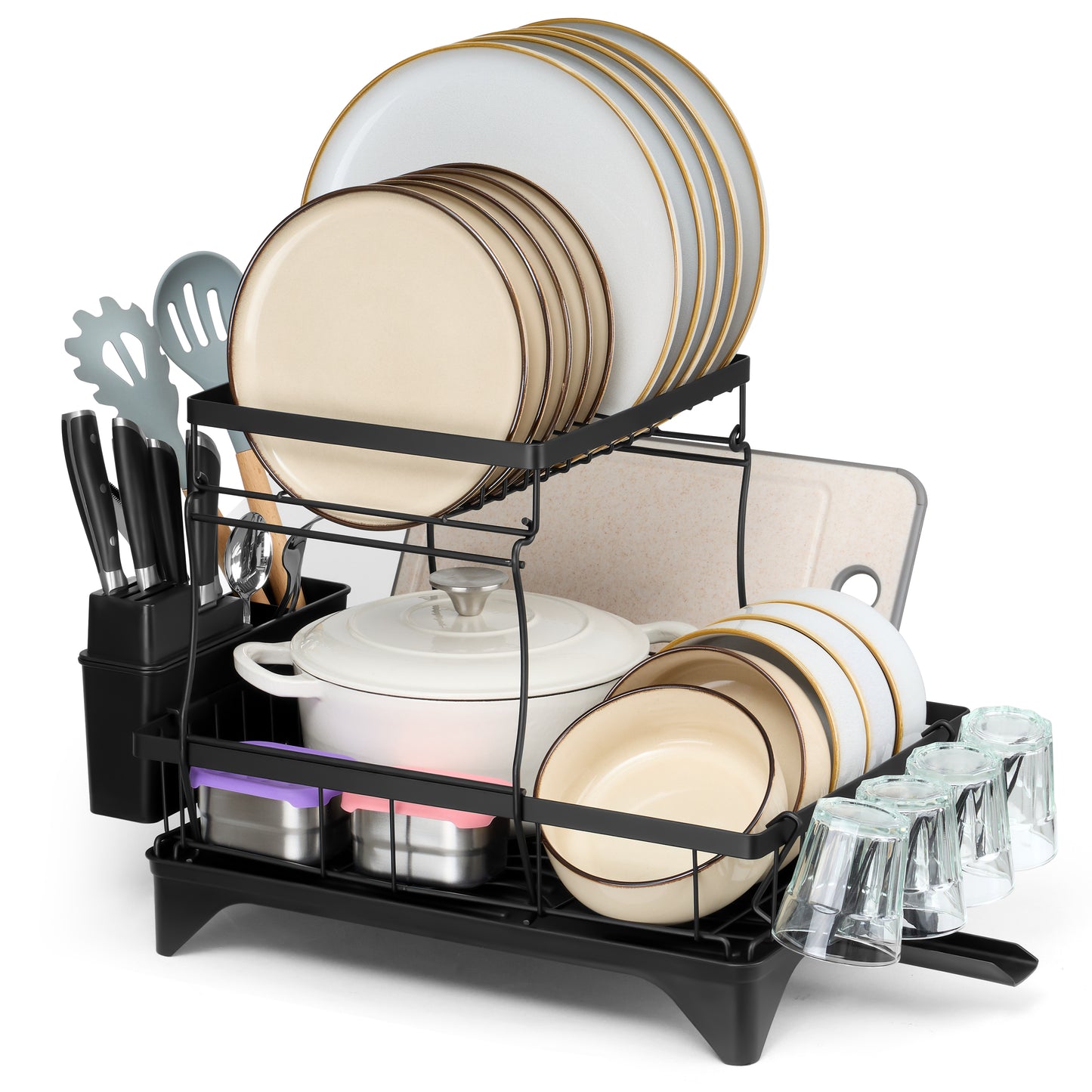 Vesteel Large Dish Drying Rack, Stainless Steel Dish Rack with Drainboard for Kitchen Counter, 2-Tier Rustproof Dish Drainer with Utensil Holder for Sink, Space Saving, Black