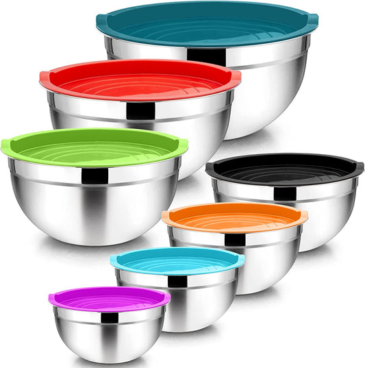 Vesteel 7 Pcs Stainless Steel Mixing Bowls, Metal Nesting Salad Bowls with Lids, 4.5/3.5/3/2.5/1.5/1.2/0.7 QT - Multi-Color