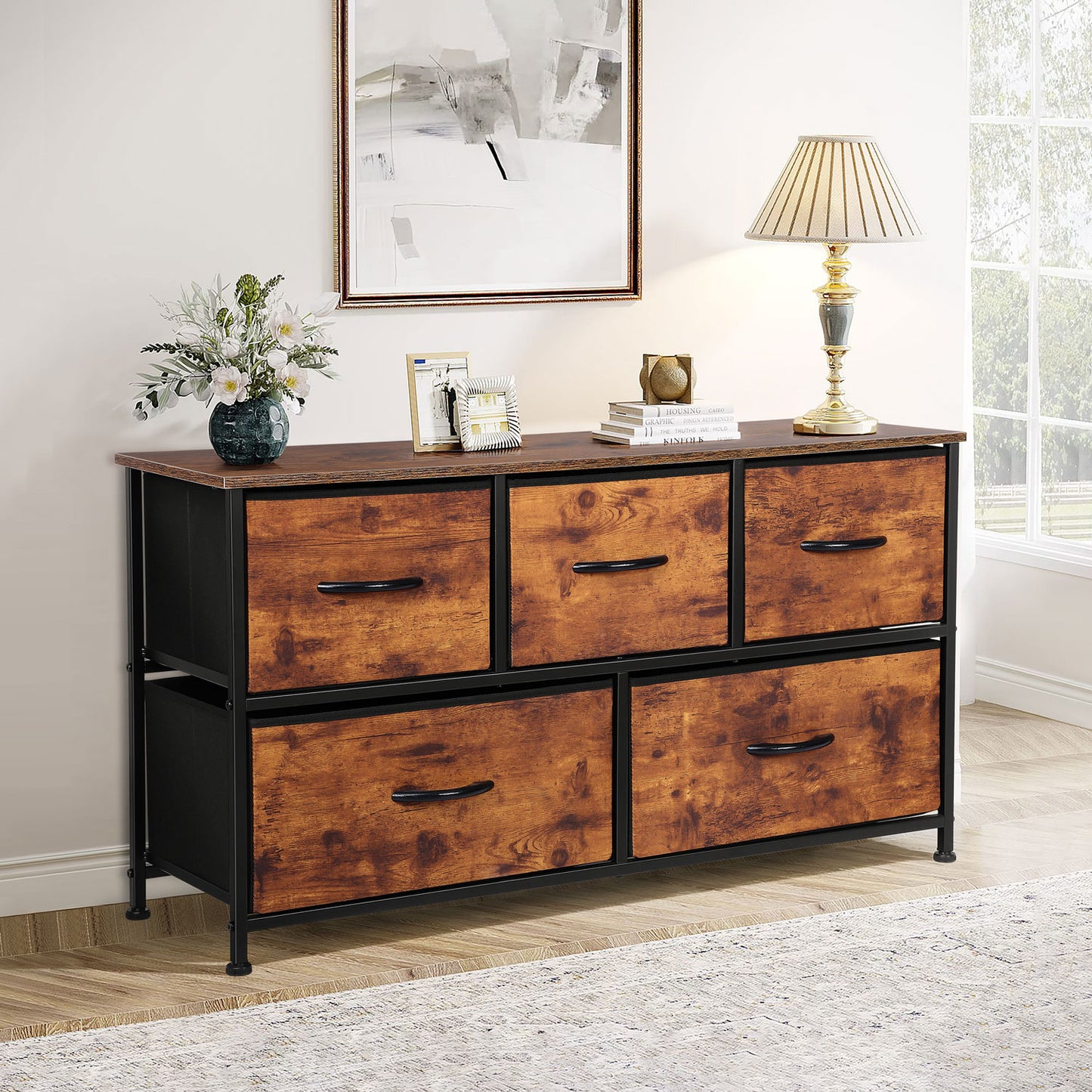 Vesteel 5 Drawer Dresser for Bedroom, Wide Chest of Drawers, Organizer Storage Cabinet with Fabric Drawers and Wooden Top, Closet for Living Room, Entryway, Nursery, Farmhouse - Rustic Brown