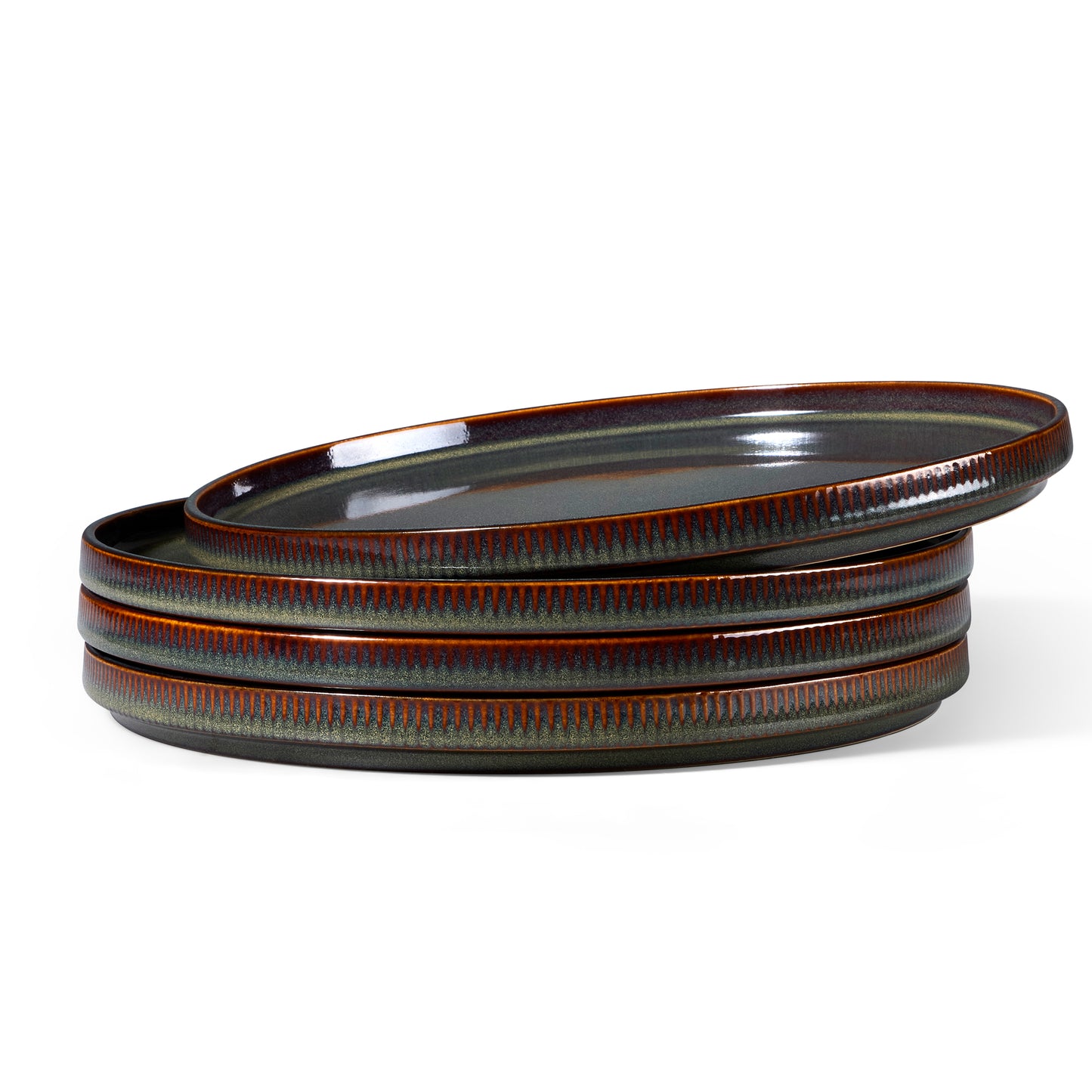Vesteel 4 Pieces Dinner Plates Set, Premium Stoneware Ribbed Dishes, Chip & Scratch Resistant Ceramic Set for Home Restaurant, Microwave and Dishwasher Safe - Forest Green