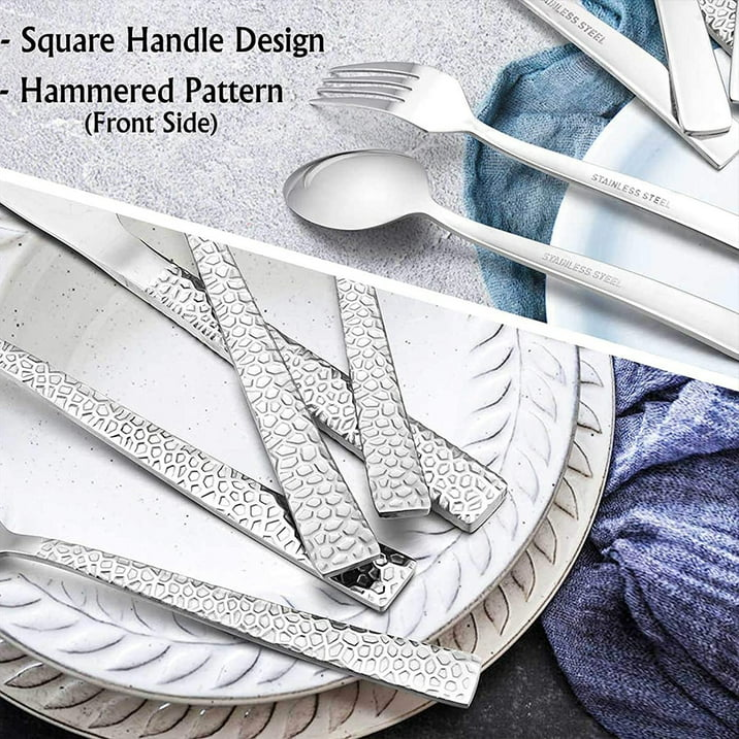 Vesteel 40-Piece Hammered Silverware Set Stainless Steel Square Flatware Tableware Cutlery Set Service for 8