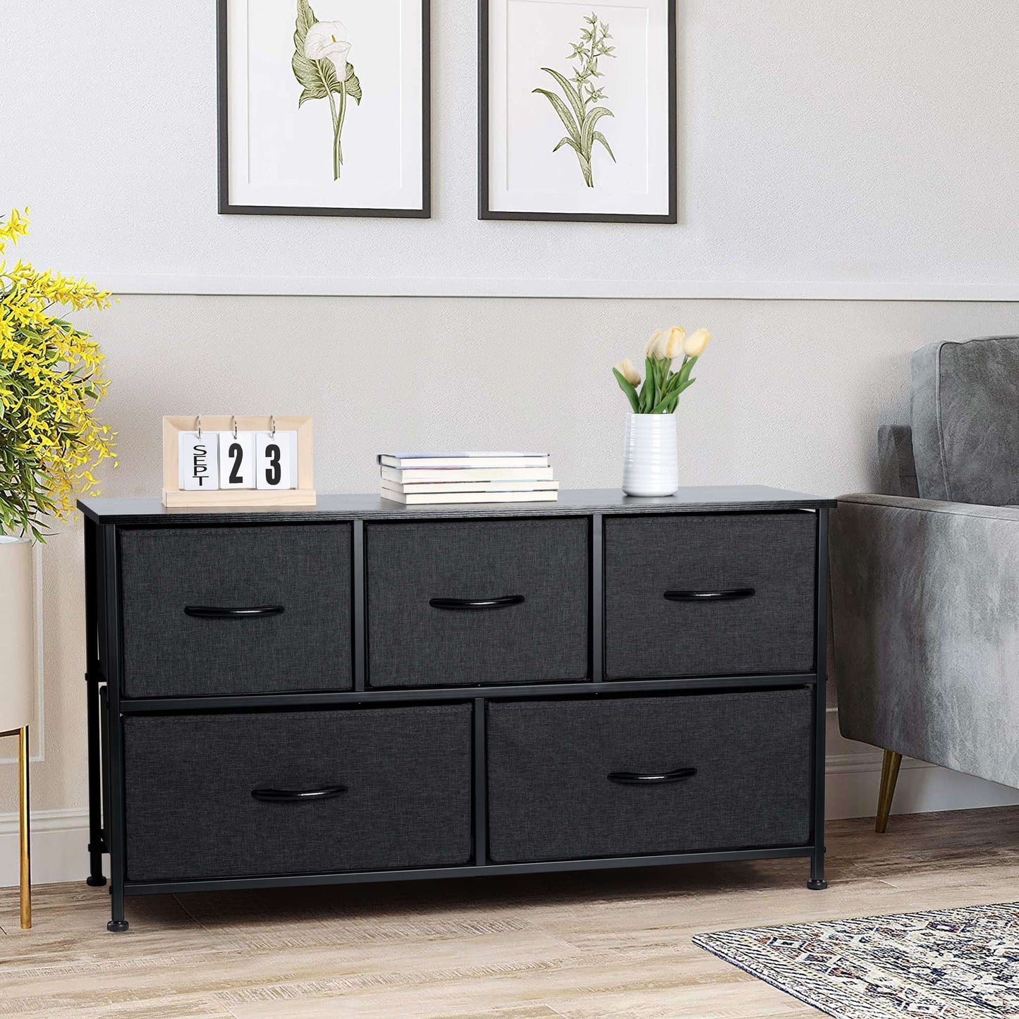 Vesteel 5 Drawers Dresser, Wide Chest of Drawers Fabric Dresser with Wood Top and Sturdy Steel Frame, Storage Organizer Unit for Closet, Living Room, Hallway - Black
