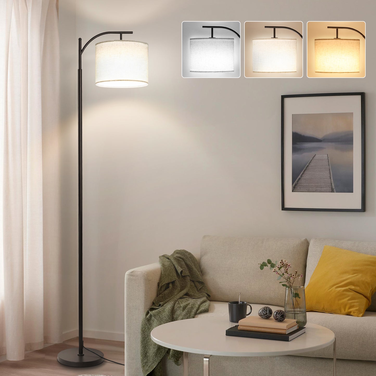 Vesteel Floor Lamp, Modern Standing Lamp with 3 ColorTemperatures LED Bulb & Linen Lampshade, Arch Floor Lamp for Living Room Bedroom Office