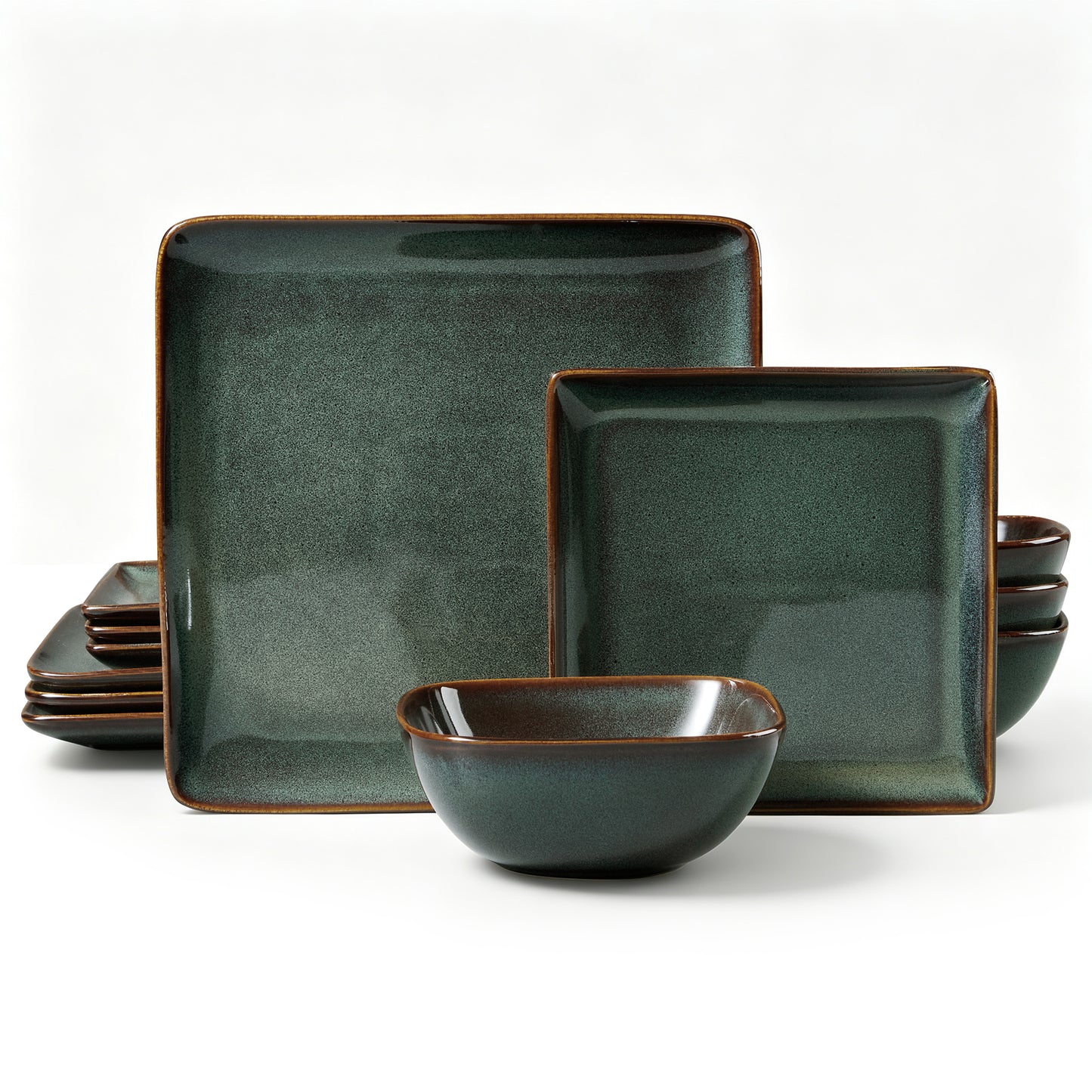 Onader 12 Piece Dinnerware Sets, Reactive Glaze Plates and Bowls Set for 4, Dishes Sets Serve for Steak Salad Soup, Scratch Resistant & Microwave Safe, Blackish Green