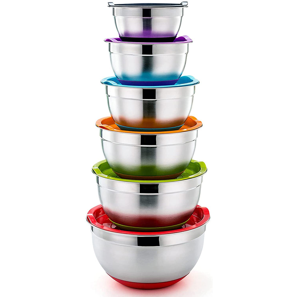 VeSteel Mixing Bowls With Lids, Set of 6, Stainless Steel Nesting Mixing Bowls & Fitting Lids & Non-Slip Silicone Bottom, Ideal for Mixing, Storing, Food Preparation,6 Sizes 0.7/1/1.5/2/2.6/4.6 Qt