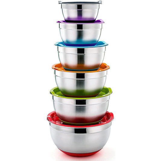VeSteel Mixing Bowls With Lids, Set of 6, Stainless Steel Nesting Mixing Bowls & Fitting Lids & Non-Slip Silicone Bottom, Ideal for Mixing, Storing, Food Preparation,6 Sizes 0.7/1/1.5/2/2.6/4.6 Qt