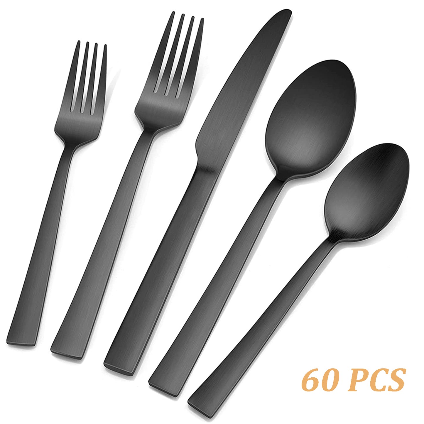 VeSteel 60-Piece Matte Black Silverware Set, Stainless Steel Flatware Set Service for 12, Metal Cutlery Eating Utensils Tableware Includes Forks/Spoons/Knives, Square Edge