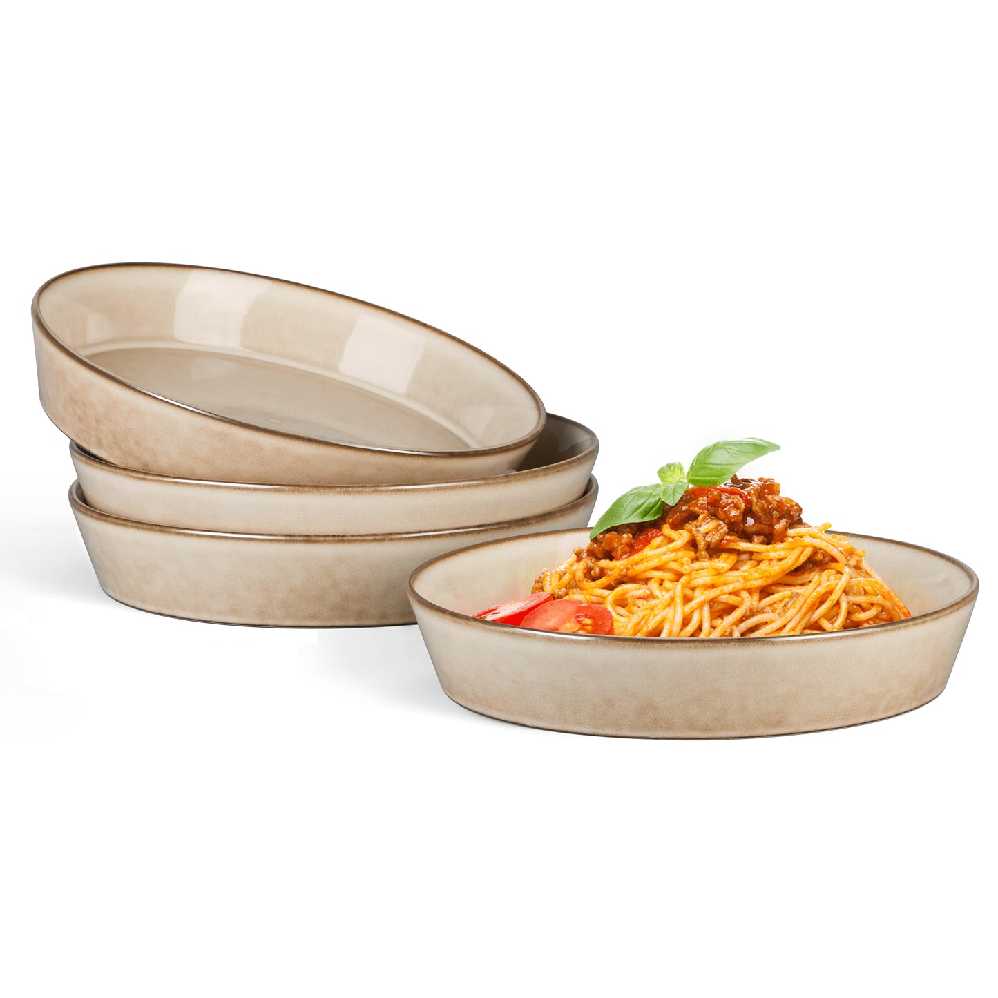 Vesteel Pasta Bowls Set of 4, 34oz Salad Plates for Home Kitchen, Double Reactive Glaze Large Wide Ceramic Bowls for Serving Dinner, Microwave & Dishwasher Safe, Khaki