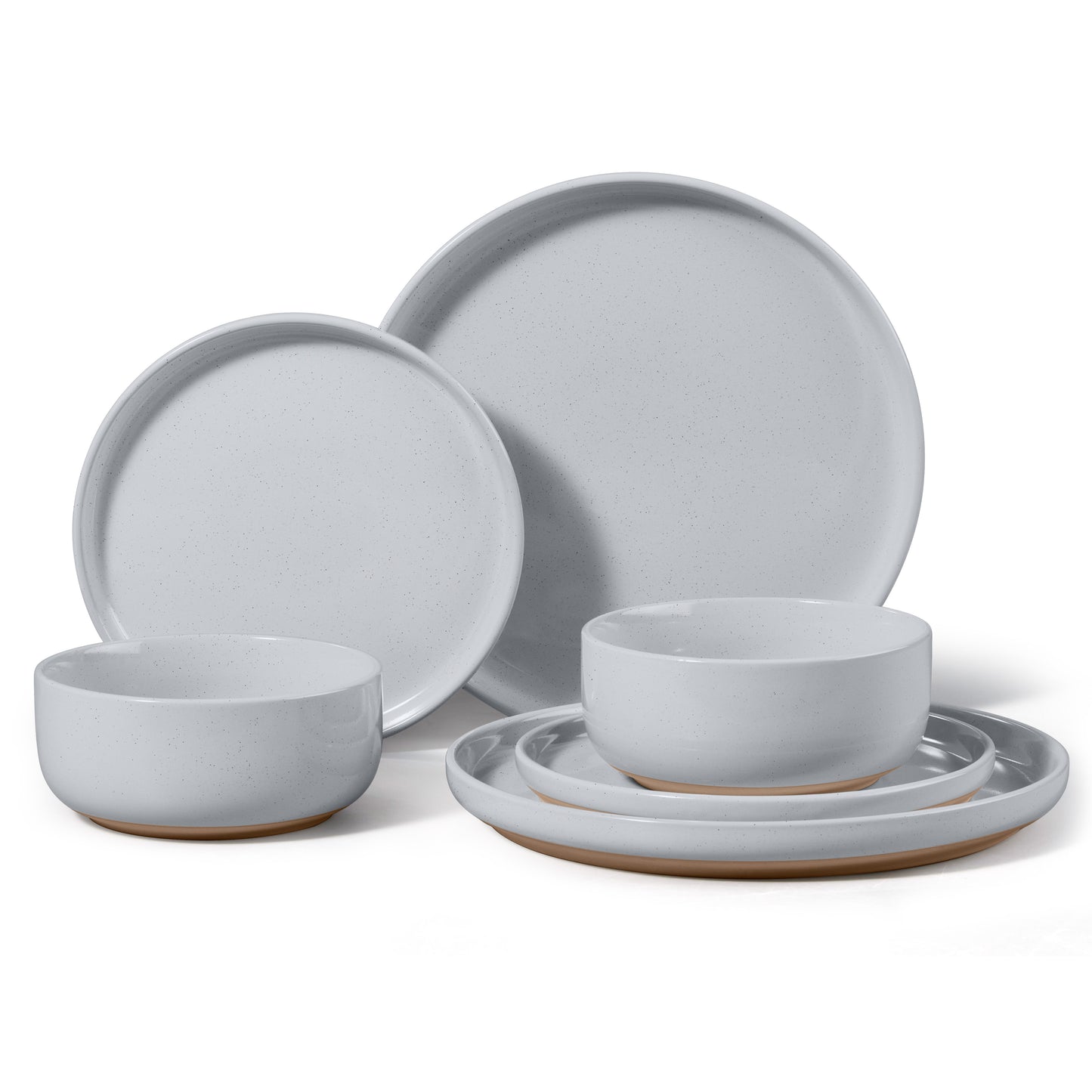 Vesteel Stoneware Dinnerware Sets for 2, 6 Pieces Ceramic Plates and Bowls Sets, Elegant Dishes with Rustic Terracotta Base, Dishwasher & Microwave Safe, Scratch Resistant, Light Gray