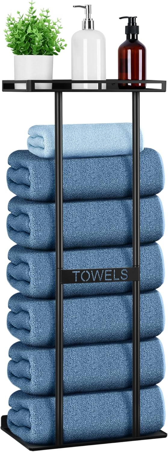 Vesteel Towel Racks for Bathroom, Wall Mounted Metal Black Towel Holder, 30 Inch Bath Rack Storage Organizer for Rolled Towels, Vertical Rack with Shelf Hold Up 6 Large Bath Towel for Small Bathroom