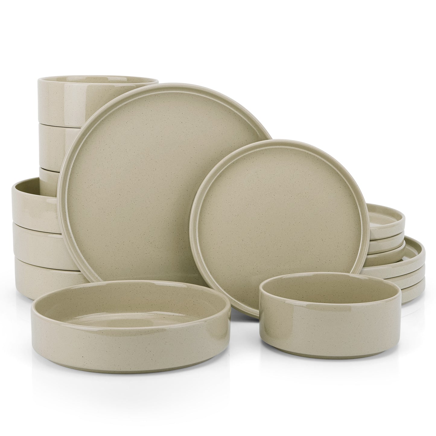 Vesteel 16 Pieces Dinnerware Sets, Premium Stoneware Dishes Set for 4, Speckled Plates and Bowls Set for Home Restaurant, Microwave and Dishwasher Safe - Khaki