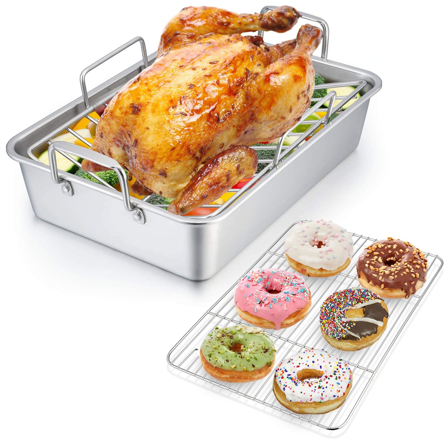 Roasting Pan, VeSteel 14 Inch Stainless Steel Turkey Roaster with Rack, Include Deep Lasagna Pan & V-Shaped Rack & Roasting Rack, Non-Toxic & Heavy Duty - Rectangular