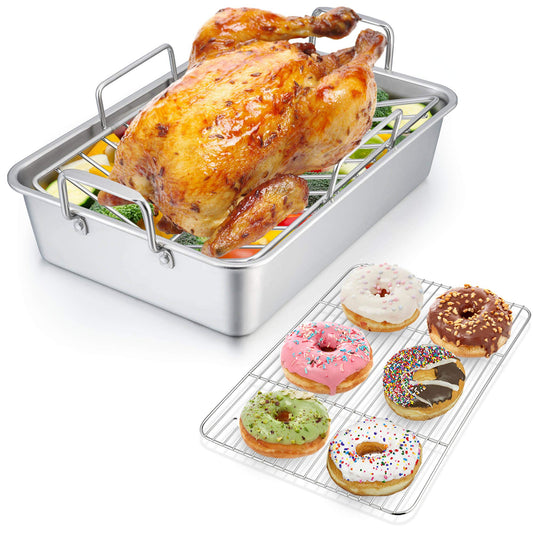 Roasting Pan, VeSteel 14 Inch Stainless Steel Turkey Roaster with Rack, Include Deep Lasagna Pan & V-Shaped Rack & Roasting Rack, Non-Toxic & Heavy Duty - Rectangular