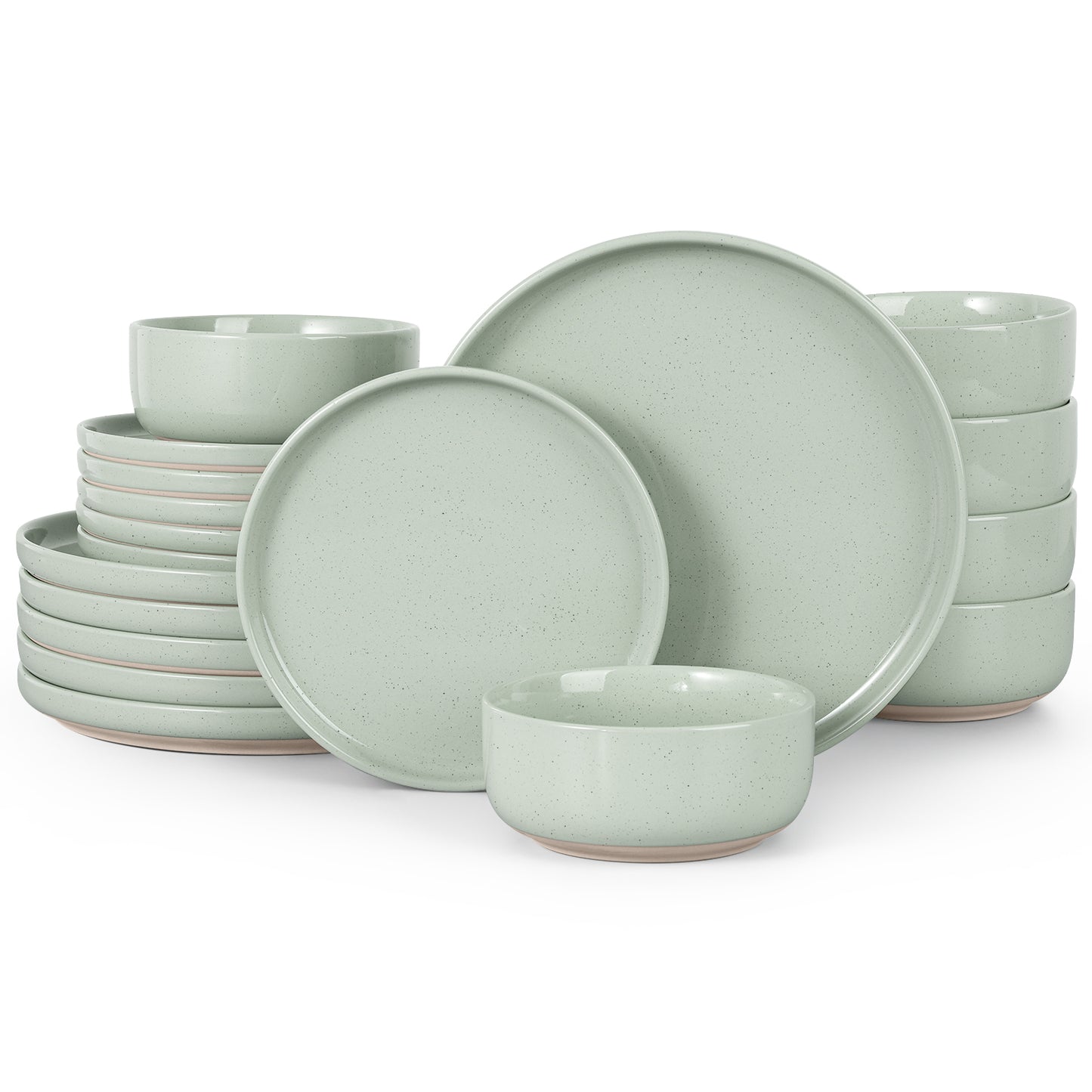 Vesteel 18-Piece Dinnerware set, Ceramic Plates and Bowls set for 6, Speckled Stoneware Dishes Set for Family, Microwave & Dishwasher Safe - Light Green