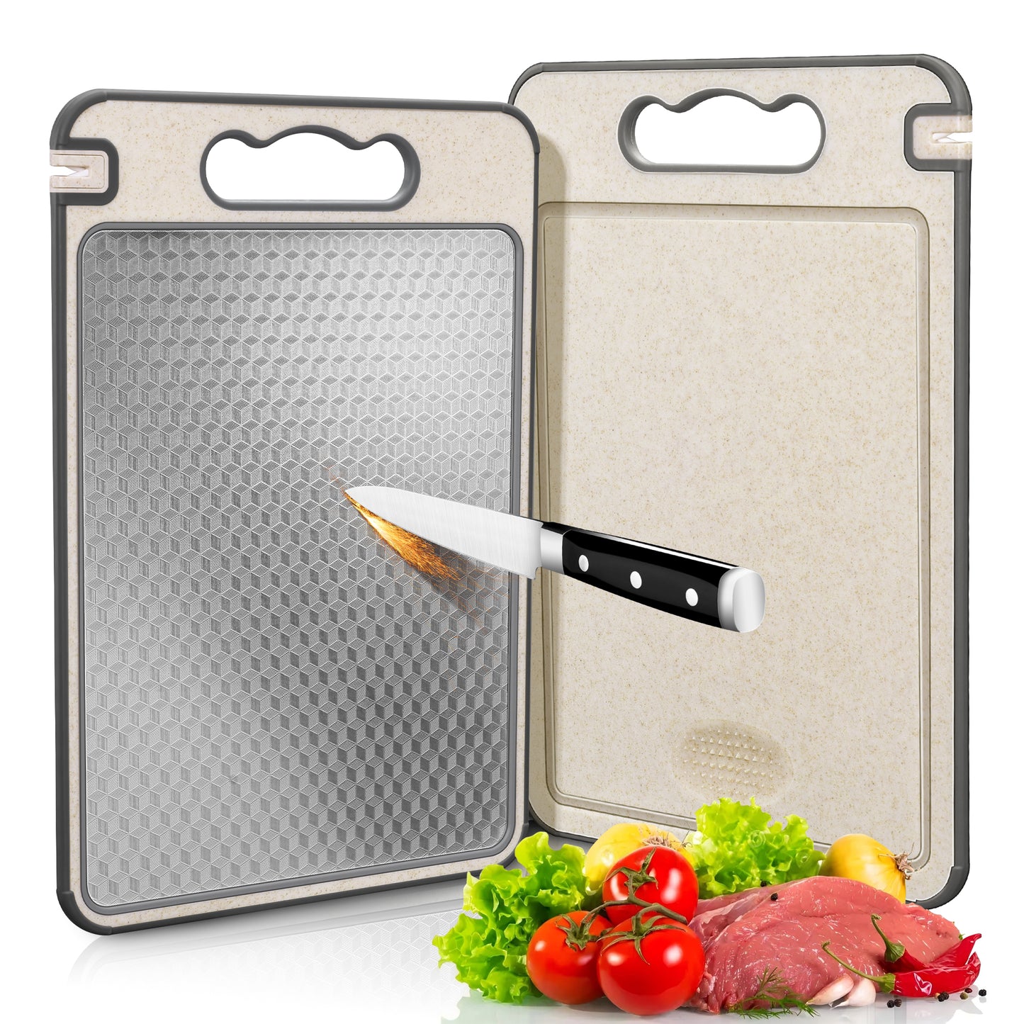 Vesteel Stainless Steel Cutting Board for Kitchen, 14” x 10” Double Sided Non Toxic Chopping Board, Mesh Design Stainless Steel and Wheat Straw PP, Dishwasher Safe & Scratch Resistant