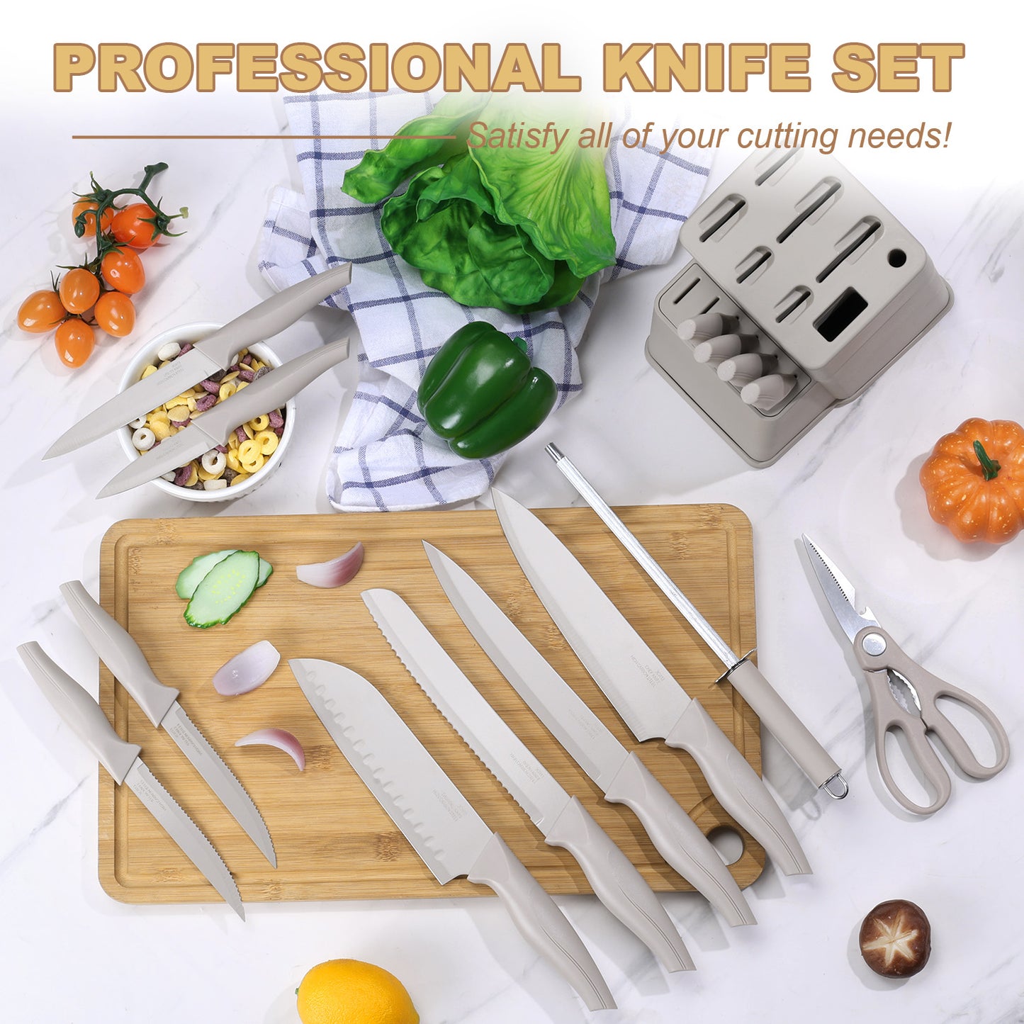 Vesteel Knife Set for Kitchen with Block, 15 Pcs Stainless Steel Kitchen Knife Set with Self Sharpening - Khaki