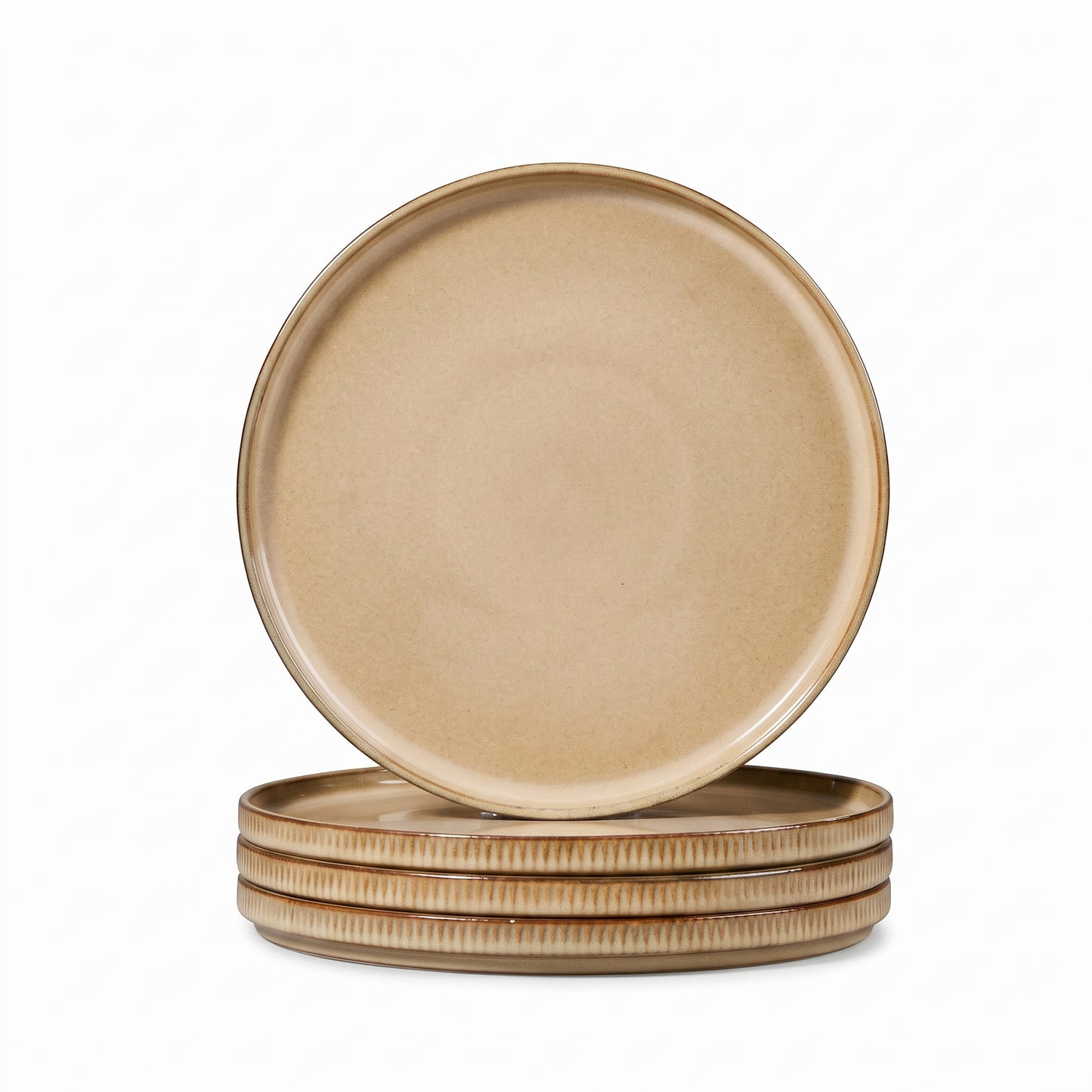 Vesteel Salad Plate for 4, 8 inch Stoneware Dinner plates with Textured Stripes, 4-Piece Ceramic Kitchen Plates for Dessert Salad, Dishwasher Safe & Microwave Safe, Khaki