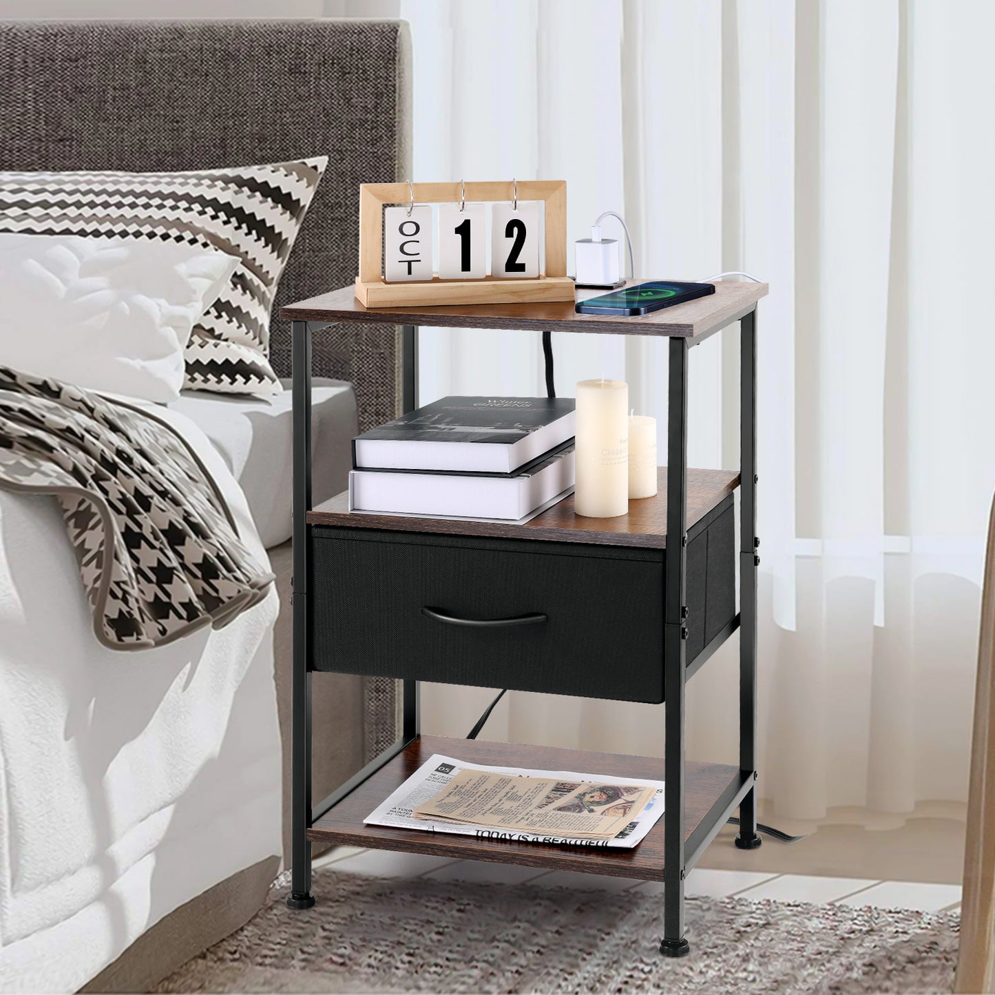 Vesteel Nightstand with Charging Station, 3-Tier Storage End Table with Drawer Shelf, Night Stand for Small Spaces, Bed Side Table for Living Room Bedroom - Rustic Brown