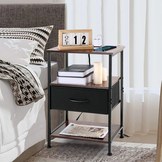 Vesteel Nightstand with Charging Station, 3-Tier Storage End Table with Drawer Shelf, Night Stand for Small Spaces, Bed Side Table for Living Room Bedroom - Rustic Brown