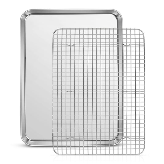 Vesteel Baking Sheet and Rack Set, Stainless Steel Extra Large Rectangle Baking Cookie Sheet Oven Tray and Cooling Grid Rack - 17.7" x 13" x 1"