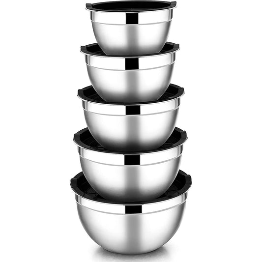Mixing Bowls with Lids Set of 5, Vesteel Stainless Steel Mixing Bowls Metal Nesting Salad Bowls, Size 4.5, 3, 1.5, 1, 0.7 QT Great for Cooking, Baking, Serving - Black