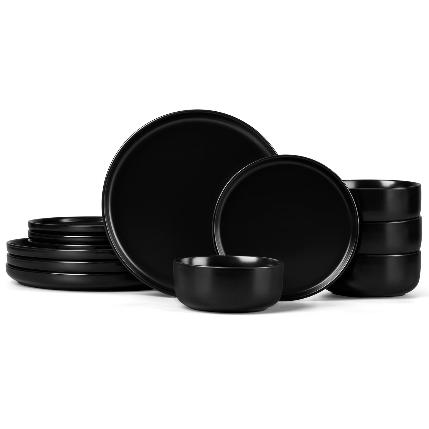 Vesteel Dinnerware Sets for 4, 12-Piece Stoneware Dish and Bowls Set, Handmade Reactive Glaze Coupe Plates Set for Family, Chip & Scratch Resistant - Matte Black
