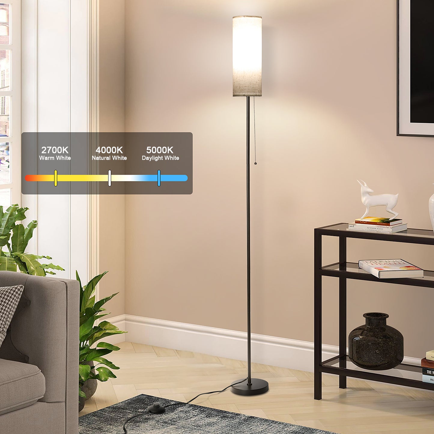 Vesteel Floor Lamp for Living Room, Modern Standing Lamp with 3 Color Temperatures LED Bulb & Linen Lampshade, Pole Lamp for Bedroom Living Room Office
