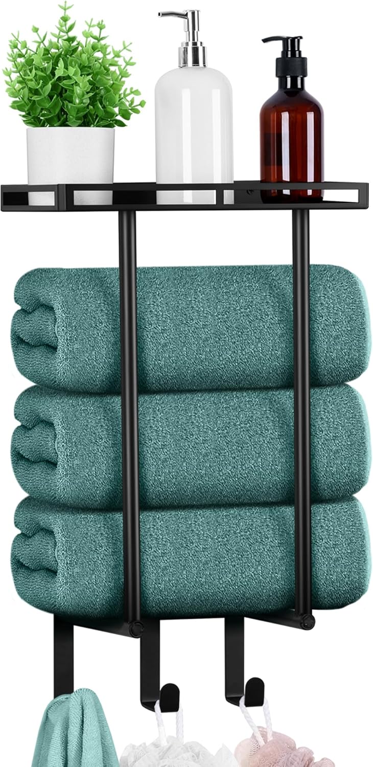 Towel Racks for Bathroom, Vesteel Wall Mounted Towel Rack with Metal Shelf and 3 Hooks, 15 Inch Rolled Towel Holder Bath Storage Organizer, Vertical Rack for Small Space Bathroom Wall Decor, Black