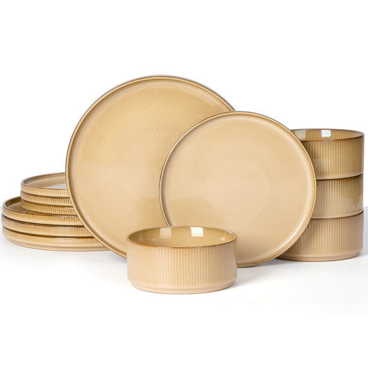 Vesteel Dinnerware Set for 4, 12-Piece Premium Stoneware Ribbed Dishes with Reactive Glaze, Chip & Scratch Resistant Plates and Bowls Set for Home Restaurant, Microwave and Dishwasher Safe - Khaki
