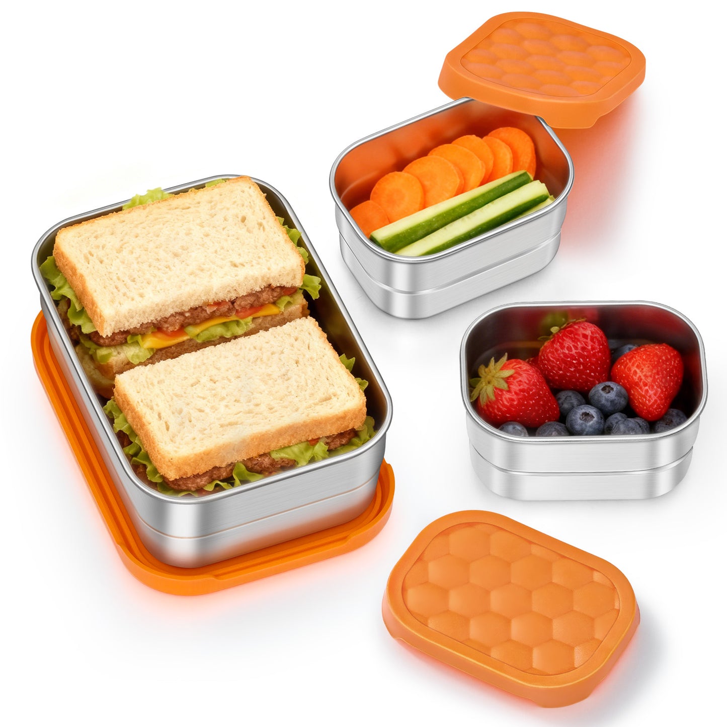 Vesteel Stainless Steel Lunch Container Set, Leak Proof Bento Box with Silicone Lids, Portable Metal Lunch Box for School and Daycare(25OZ + 8OZ*2), Orange