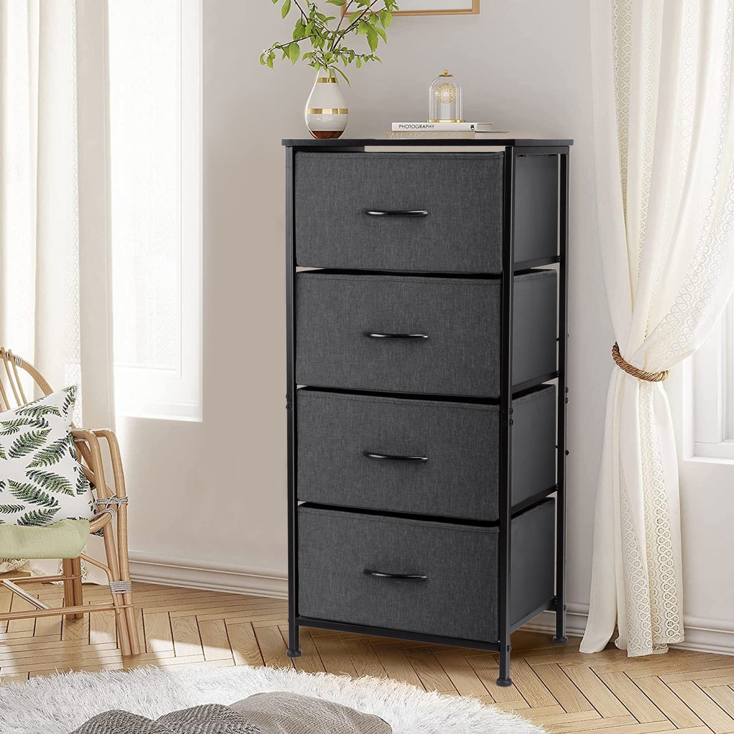 4 Drawers Dresser for Bedroom, Vesteel Fabric Chest of Drawers Tall Storage Tower with Wood Top and Sturdy Steel Frame, Storage Organizer Unit for Closet, Living Room, Hallway - Rustic Brown