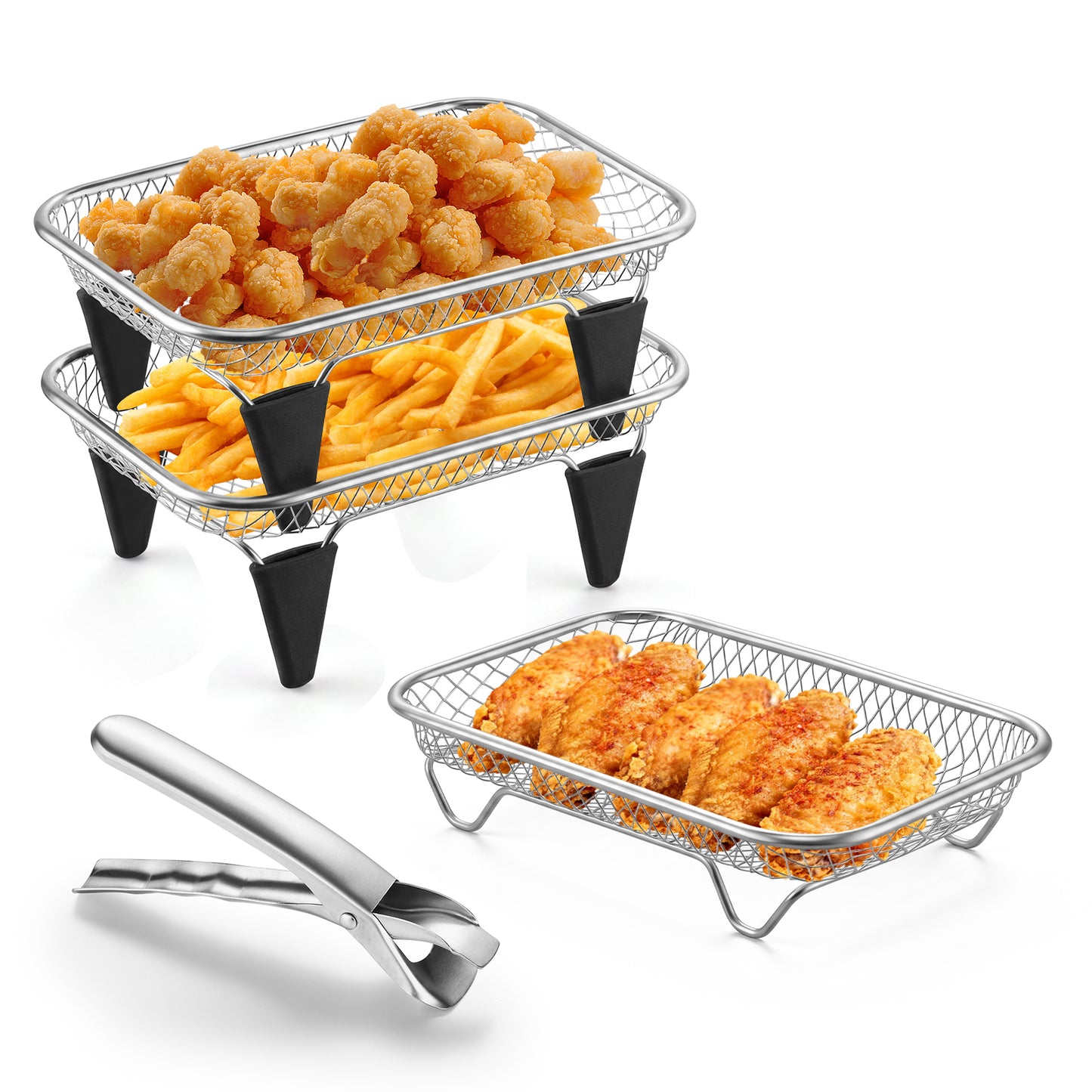 Vesteel Stainless Steel Air Fryer Racks, 3-Layer 7.7’’ x 5.3” Frying Basket Accessories, Stackable Rectangular Dehydrator Racks for Baking Roasting, Includes Silicon Feet & Clip, Dishwasher Safe