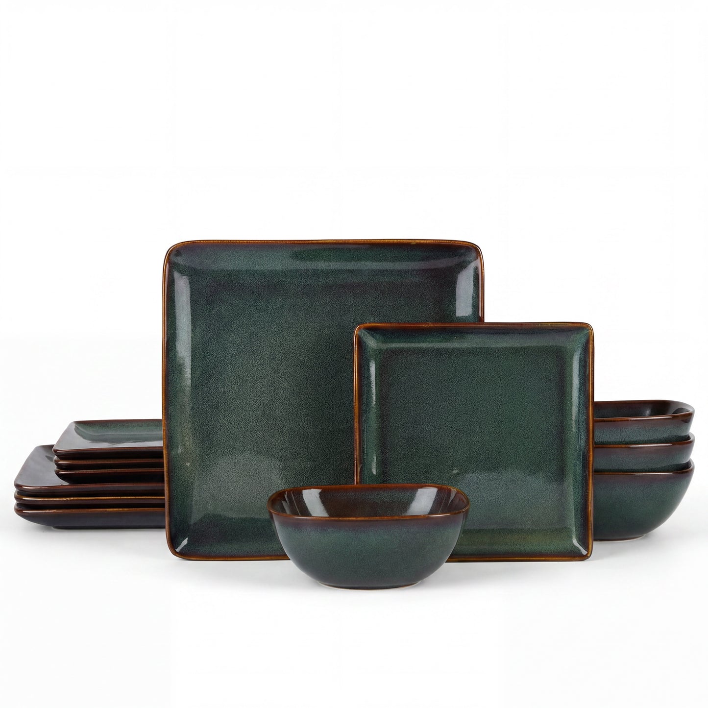 Vesteel Dinnerware Sets for 4, 12-Piece Stoneware Dish and Bowls Set, Handmade Reactive Glaze Coupe Plates Set for Family, Chip & Scratch Resistant - Forest Green