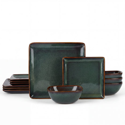 Vesteel Dinnerware Sets for 4, 12-Piece Stoneware Dish and Bowls Set, Handmade Reactive Glaze Coupe Plates Set for Family, Chip & Scratch Resistant - Forest Green