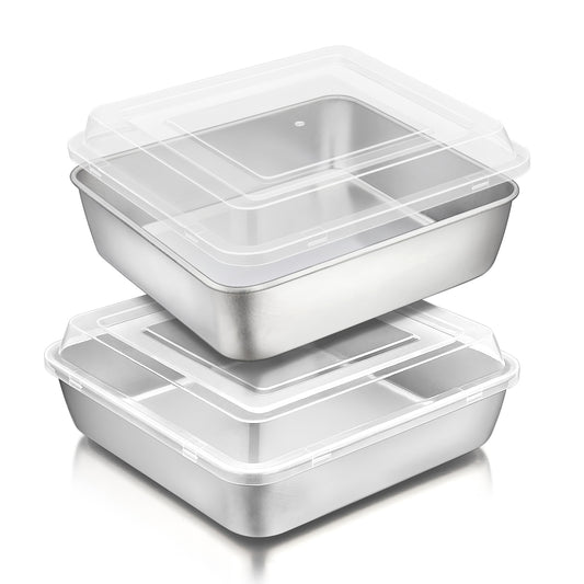 9 inch Square Cake Pan with Lid, Vesteel Non-Stick Stainless Steel Rectangle Brownies Baking Pan Set of 4, Non-Toxic & Warp Resistant, Rust Free & Dishwasher Safe (2 Pans + 2 Lids)