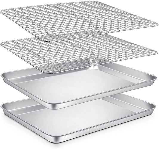 VeSteel Baking Sheets and Racks Set, Stainless Steel Rectangle Baking Sheet Oven Tray and Cooling Grid Rack for Cookies Meats, Size 16 x 12 x 1 Inch
